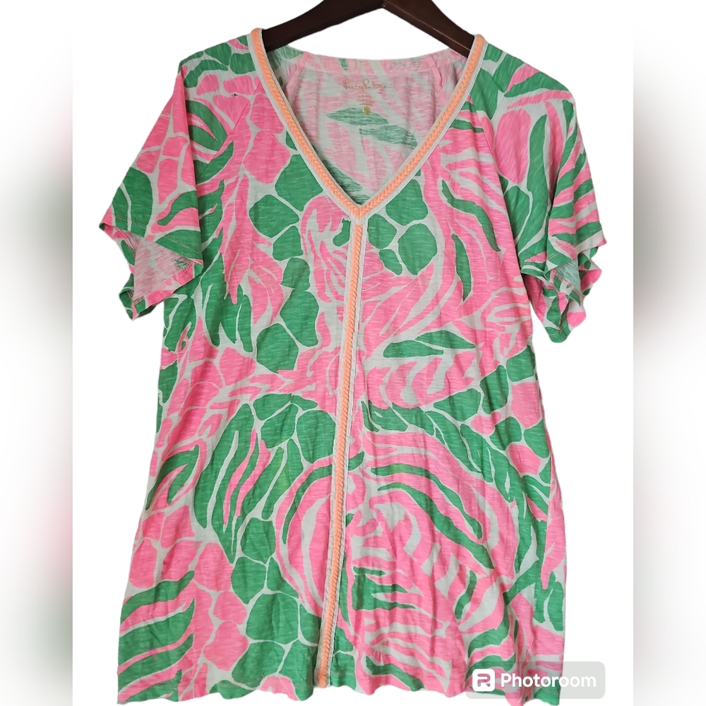 Lilly Pulitzer Braided V Neck Trim Neon Floral Stretch Cotton T shirt Dress XS